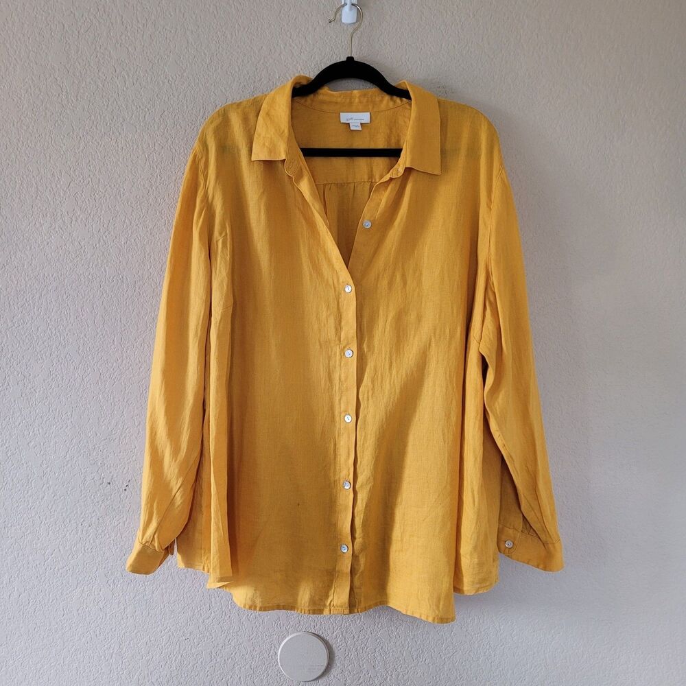 J Jill Love Linen Long Sleeve Button Up Shirt 3X Yellow Lightweight Resort Beach